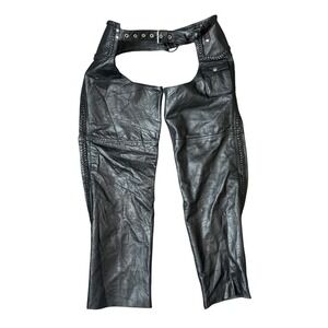 Leather Club Genuine Leather Braided Trim Motorcycle Chaps Black Men L Buckle